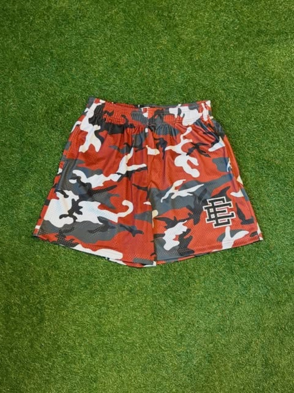 Eric Emanuel Red Camo Athletic Shorts with Logo